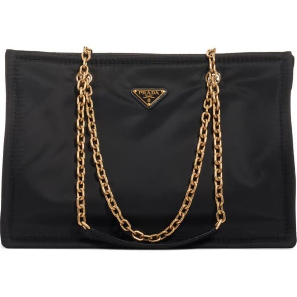 Prada Black Nylon Gold Chain Convertible Crossbody Shoulder Shopping Tote